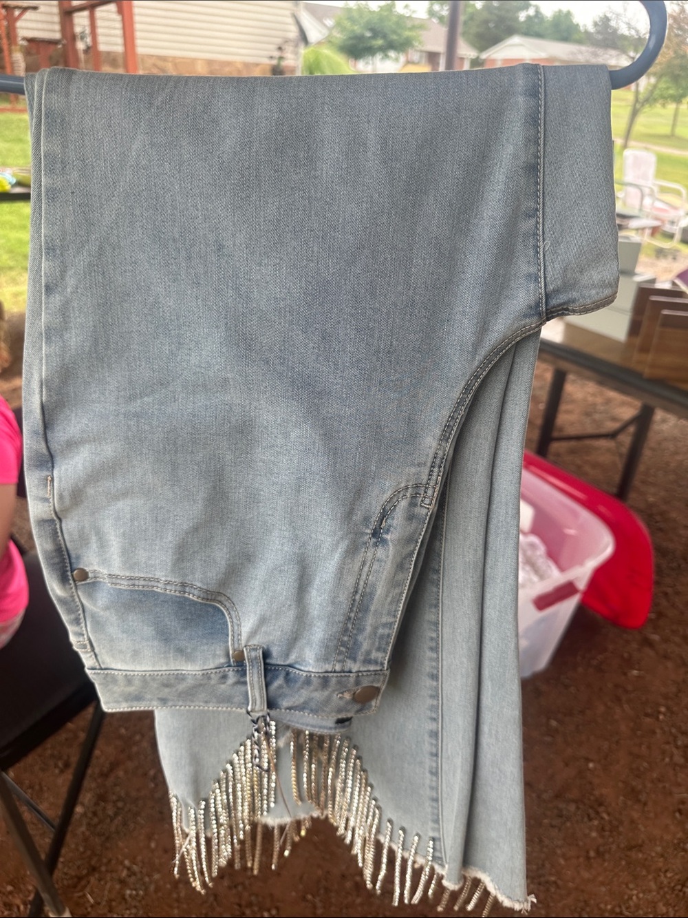 Versona Light Blue Cropped Jeans with Rhinestone Fringe